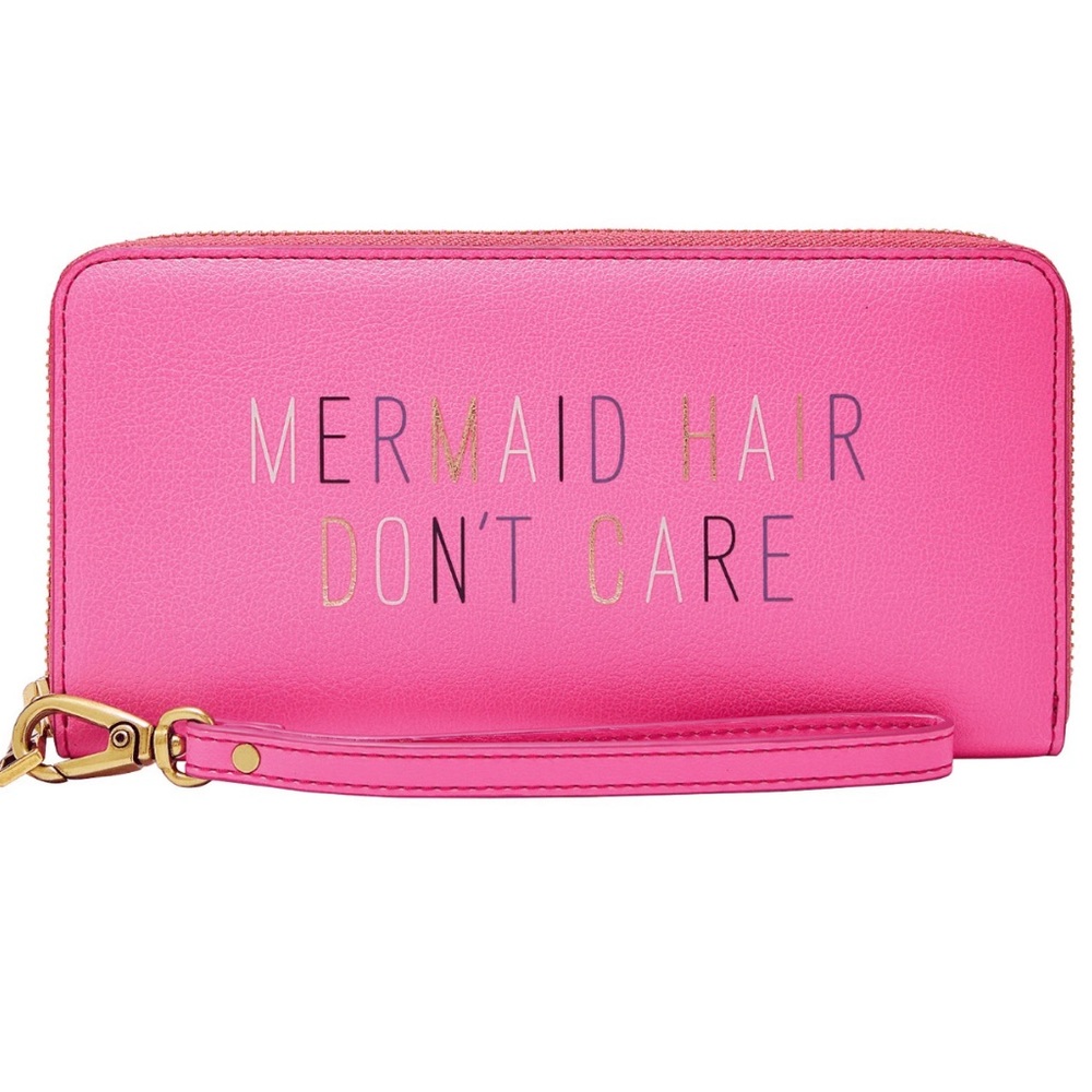 New Fossil Jori Zip Clutch Wallet Mermaid RFID Pink Leather